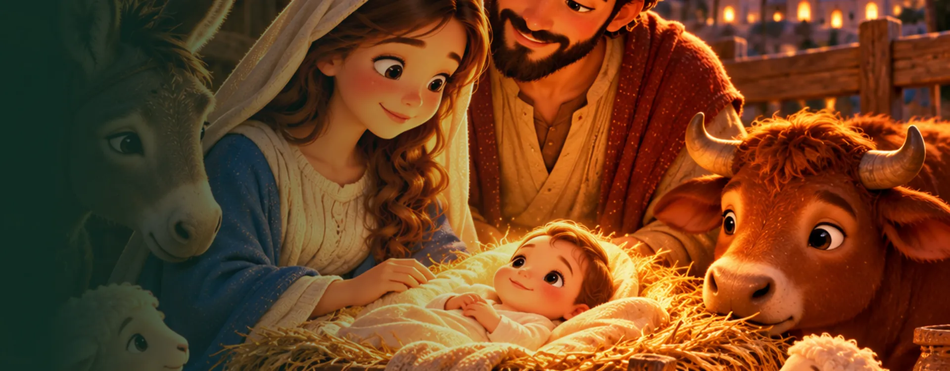 Maria e José olhando o menino Jesus na manjedoura