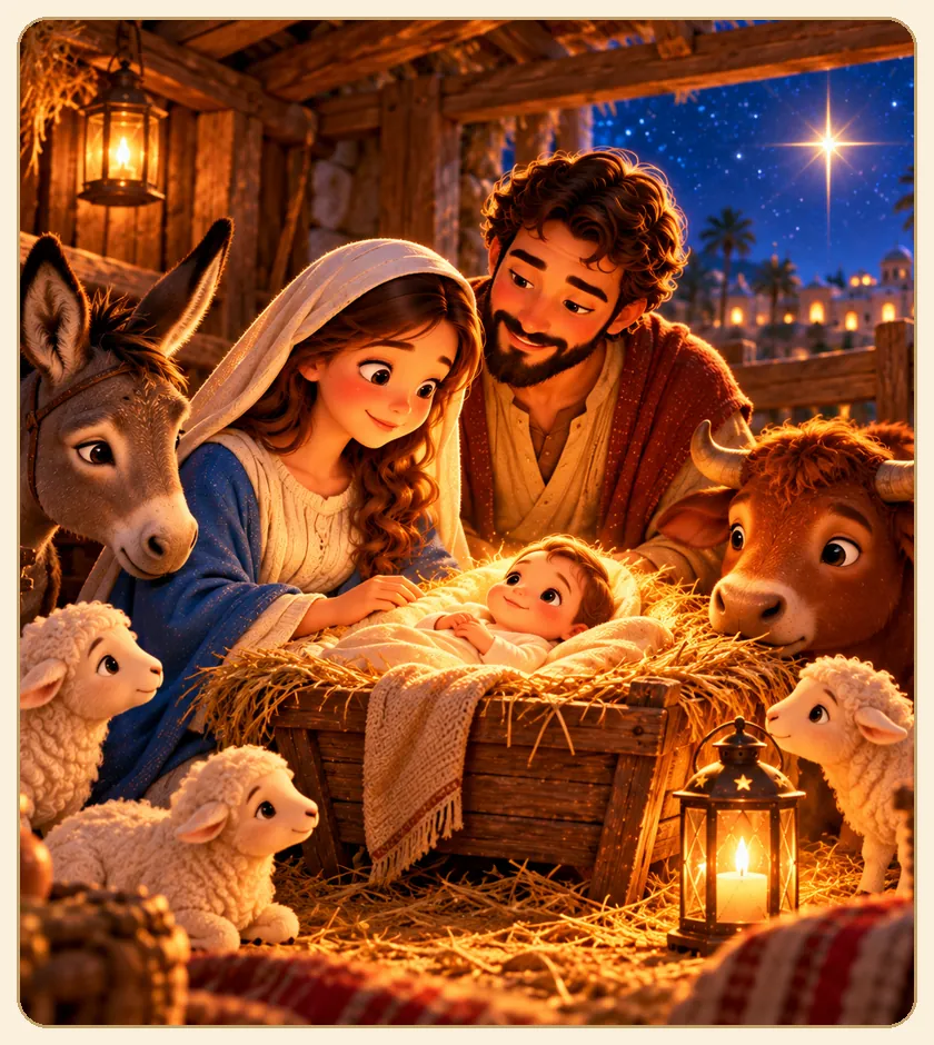 Maria, José e o menino Jesus na manjedoura